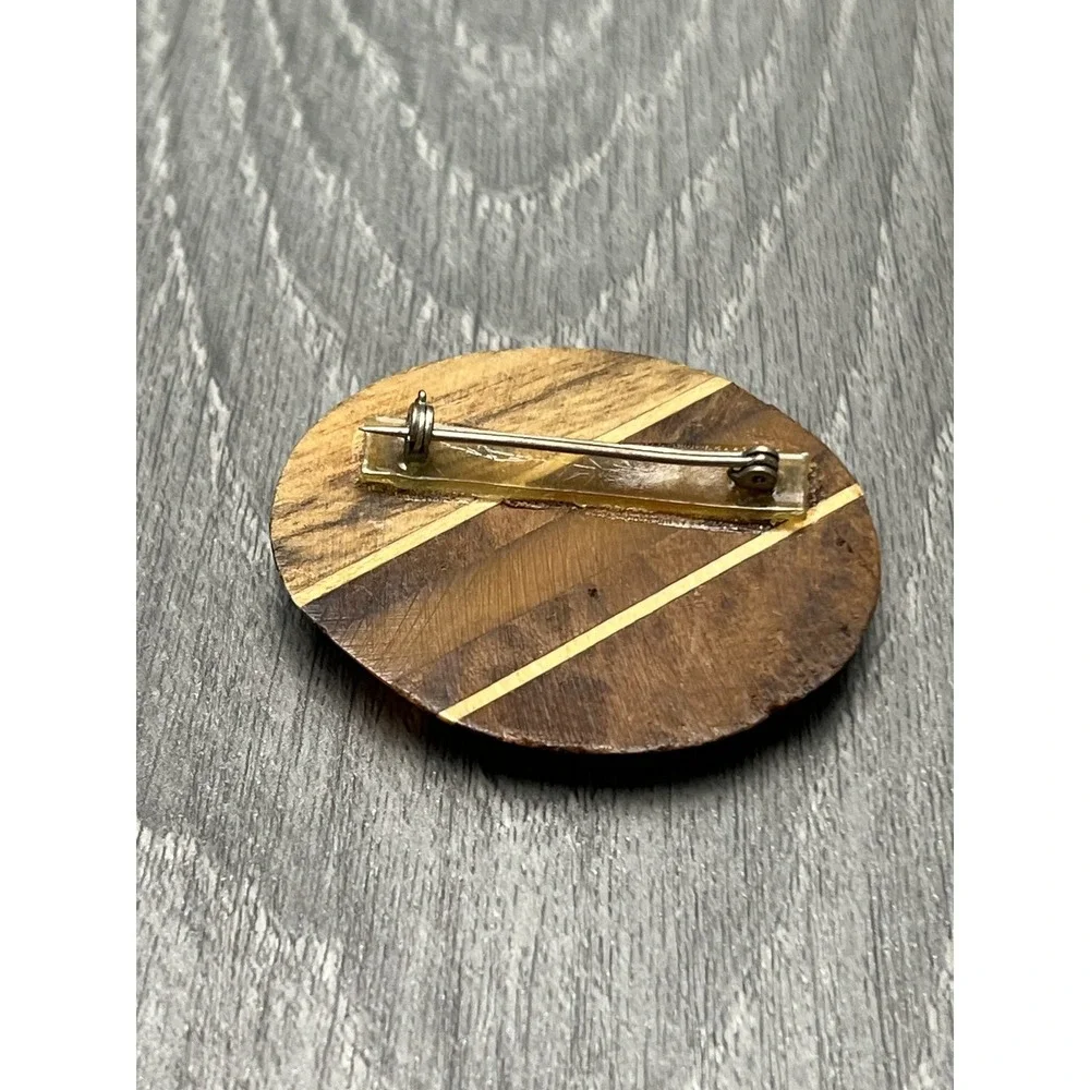 Vintage Hand Carved Resin Cameo Brooch Pin on Wood Inlay Backing Victorian Style